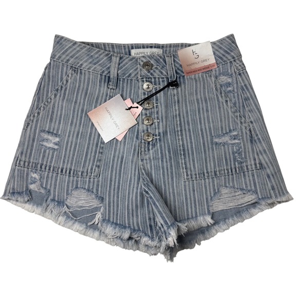 Happily Grey Pants - Happily Grey Super High Rise Wedge Striped Distressed Denim Shorts Blue White 25